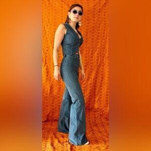 70s Blue Corduroy Set - Vest & High-Waisted Bell-Bottoms